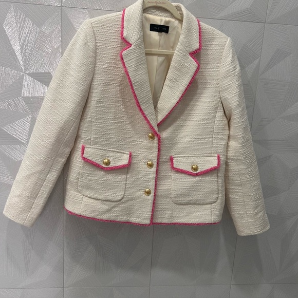 Talbots Tweed 100% Cotton White Blazer with Pink Trim Size 8 Excellent Condition - Picture 2 of 9